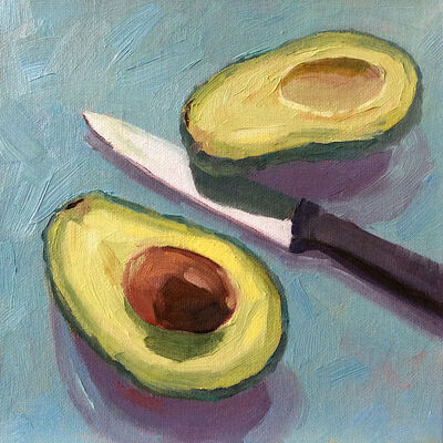 Oil painting avocado and knife