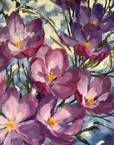 Oil painting crocuses snow