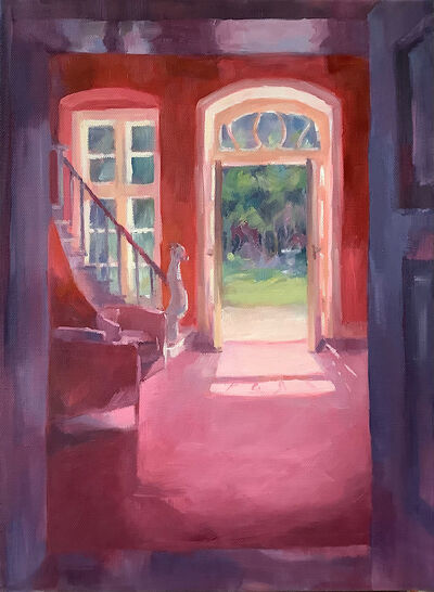 Oil painting red hallway open door to garden