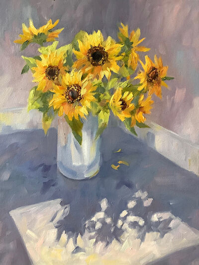 Oil painting sunflowers in vase