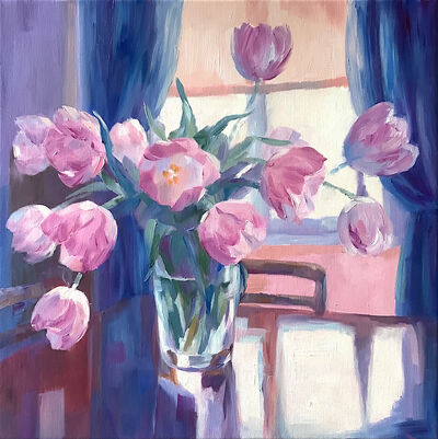 Oil painting pink mauve tulips in vase on table