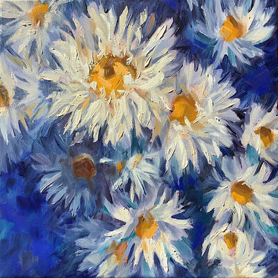 Oil painting crazy daisies Shasta on blue background
