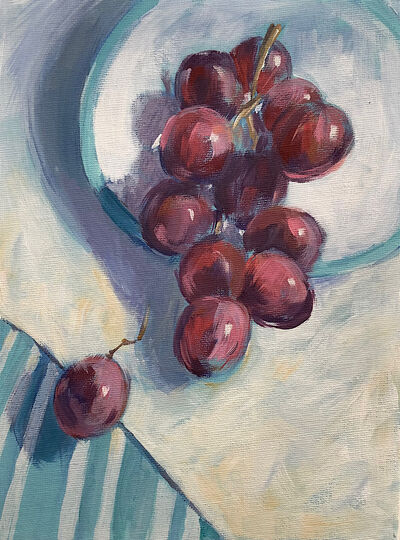 Oil painting red grapes on plate