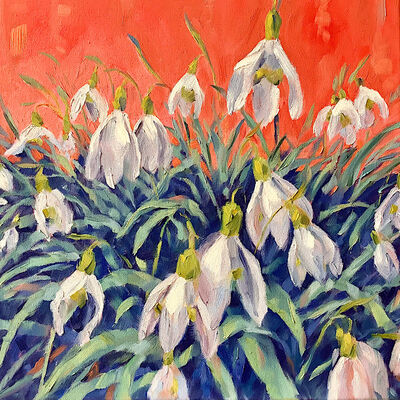 Oil painting snowdrops red background