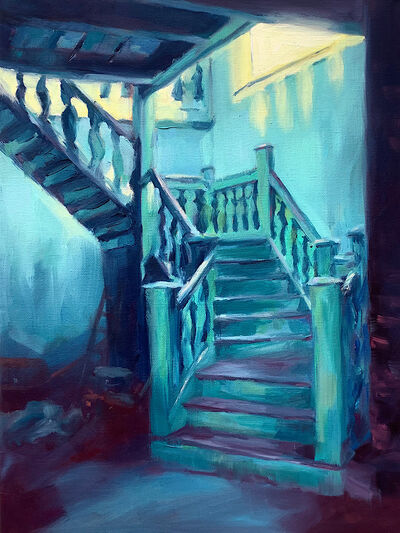 Oil painting church staircase in turquoise