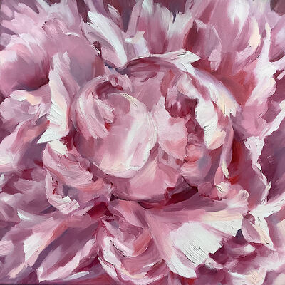 Oil painting pink peony close up