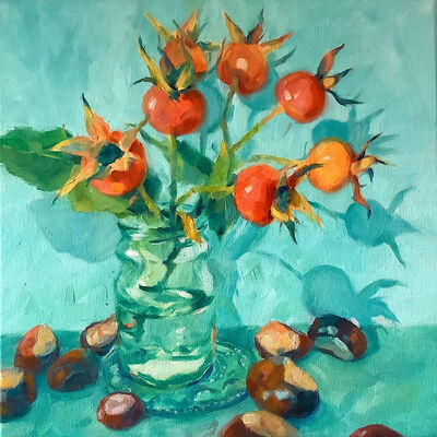 Oil on canvas rosehips in glass jar with conkers