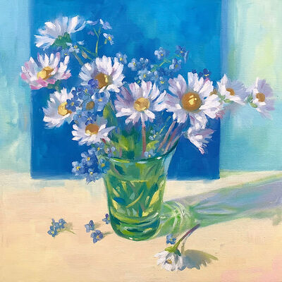 Oil painting daisies in green shot glass against blue background