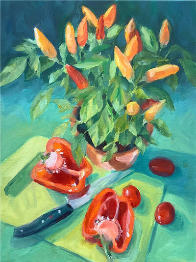 Oil painting red pepper and chilli plant