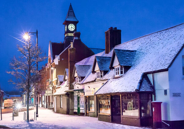 Fordingbridge High Street and Town Hall in Snow (b&w)