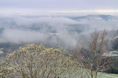 Birdlip, Gloucestershire with snow and blossom