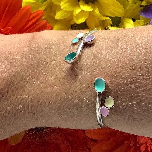 Sterling silver pastel pink, green and yellow enamel adjustable bangle