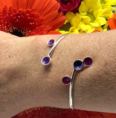 Sterling silver purple and pink enamel adjustable bangle