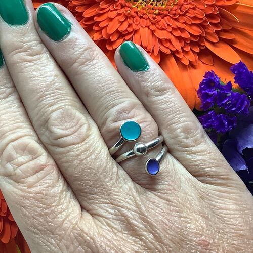 Sterling silver purple and turquoise enamel adjustable ring