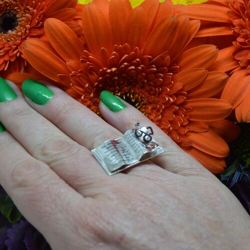 Sterling silver book ring with glasses