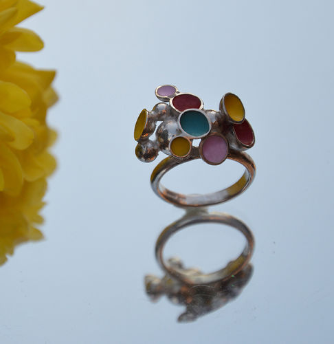 Sterling silver red, yellow, turquoise & pink enamel ring