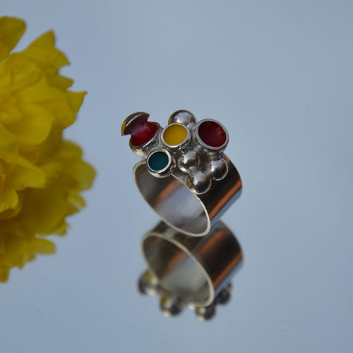 Sterling silver ring filled with red, yellow & turquoise enamel