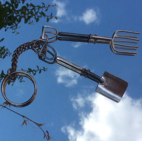 Sterling silver spade and fork key ring