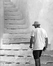 White stairs, white T shirt
