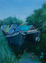 2 Old Friends Acrylic painting on prepared paper of 2 old canal boats moored together at Bradford-on-Avon