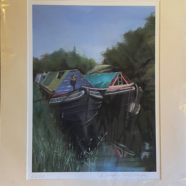Mounted print of 2 old canal boats near Bradford on Avon