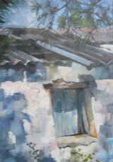 A Window on Zakynthos SOLD Acrylic painting on prepared paper of a derelict building on Zakynthos