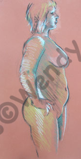 Charcoal and pastel life study of a female model with attitude standing in profile