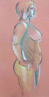 Attitude Charcoal and pastel life study of a female model with attitude standing in profile