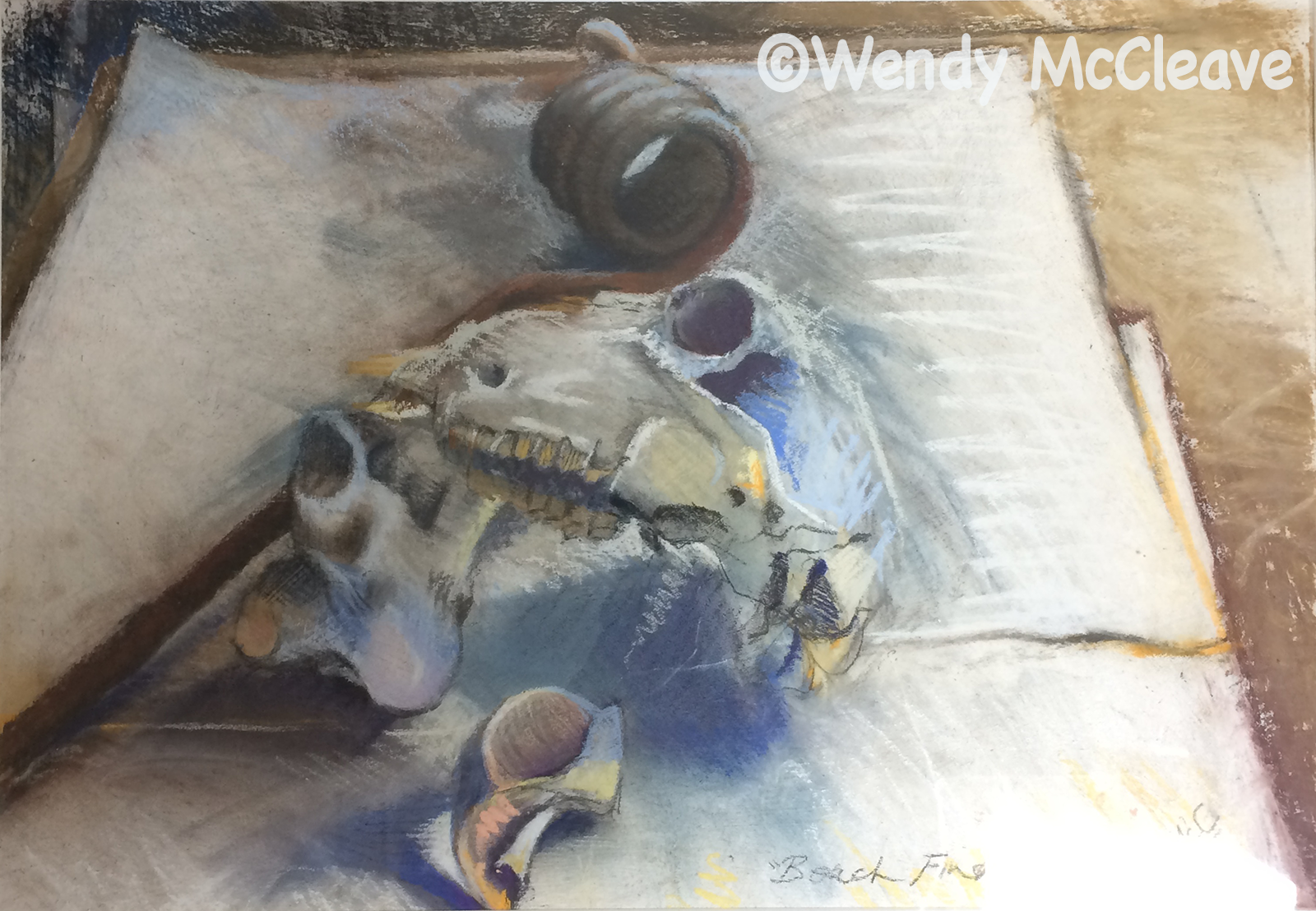Still life mixed media painting of a collection of incongruous objects found on the beach
