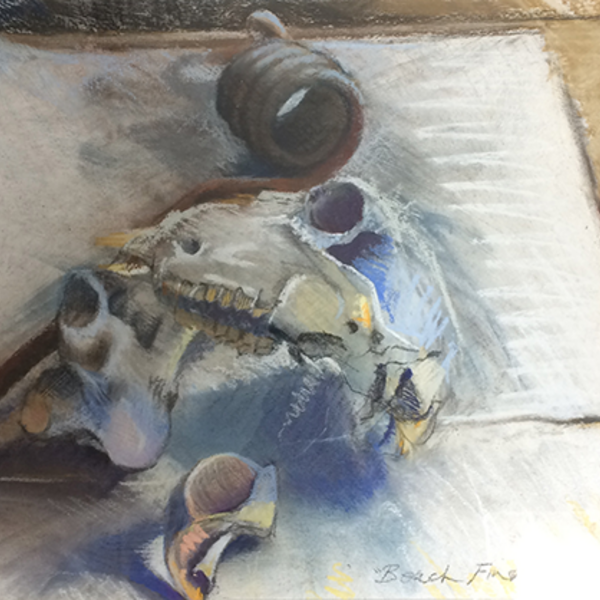 Still life mixed media of a collection of incongruous objects found on the beach