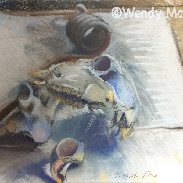 Beach Finds Still life mixed media painting of a collection of incongruous objects found on the beach