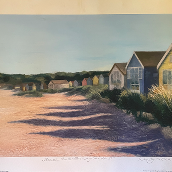unmounted print of Beach Huts throwing long evening shadows onto the sand
