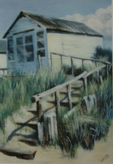Beach Hut with Steps SOLD Acrylic painting on prepared paper of a beach hut at the top of several steps on Mudeford Sandbank Spit