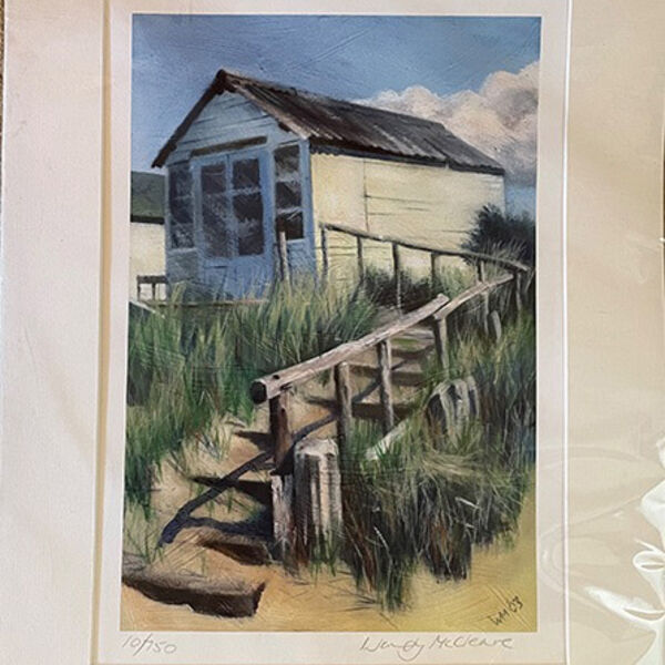 Mounted print of a beach hut with steps at Mudeford Sandbank Spit
