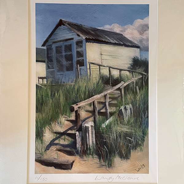 Mounted print of a beach hut with steps at Mudeford Sandbank Spit