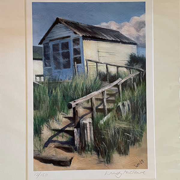 Mounted print of a beach hut with steps at Mudeford Sandbank Spit