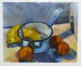 Citrus Fruit and Blue Saucepan Still life acrylic painting on prepared paper of lemons, satsumas and a blue enamel saucepan in a top lit box.