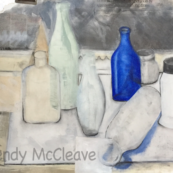Still life of old bottles with one cobalt blue
