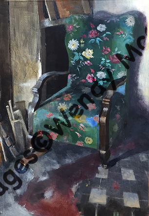 Acrylic on prepared paper. Investigative painting of a patterned chair abandoned in the corner of a room in an empty house.