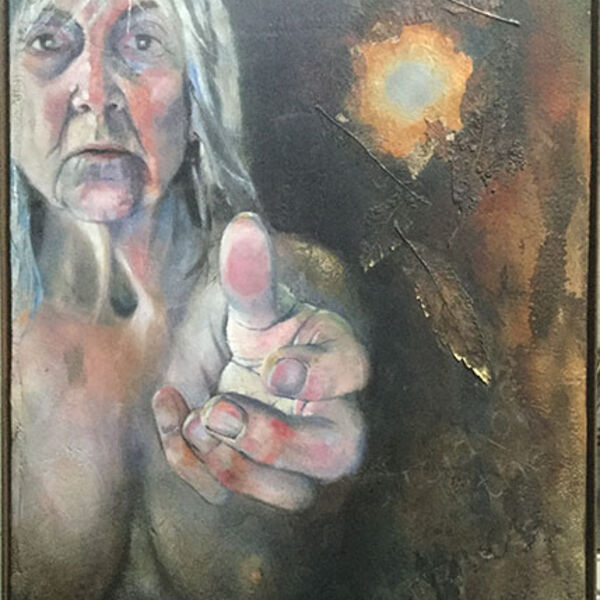 Painting of woman reaching out from a dark background