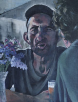Conversation in a French Cafe. SOLD Acrylic painting on canvas of 2 men apparently having a fascinating conversation in a French Cafe