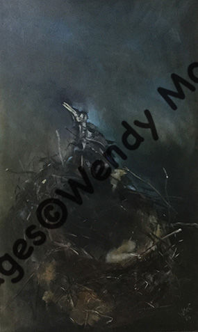 Water based oil painting on prepared canvas of the same nest with the dead bird still in situ in Crow's Nest