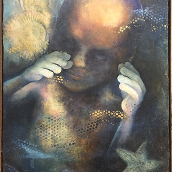 A foetus floating in deep water with a fossil and starfish