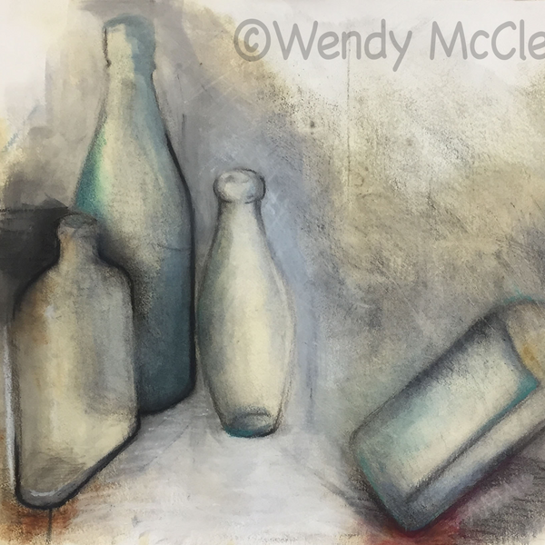 Mixed media Image of old bottles with one falling