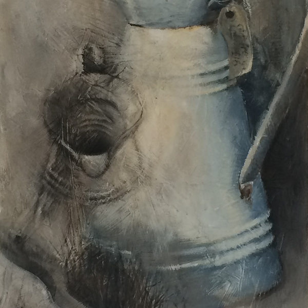 Ghost Jug (2018) Acrylic Painting on prepared ground of a French white enamel jug and an old brush found beside the lane