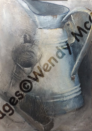 Ghost Jug (2018) Acrylic Painting on prepared ground of a French white enamel jug and an old brush found beside the lane