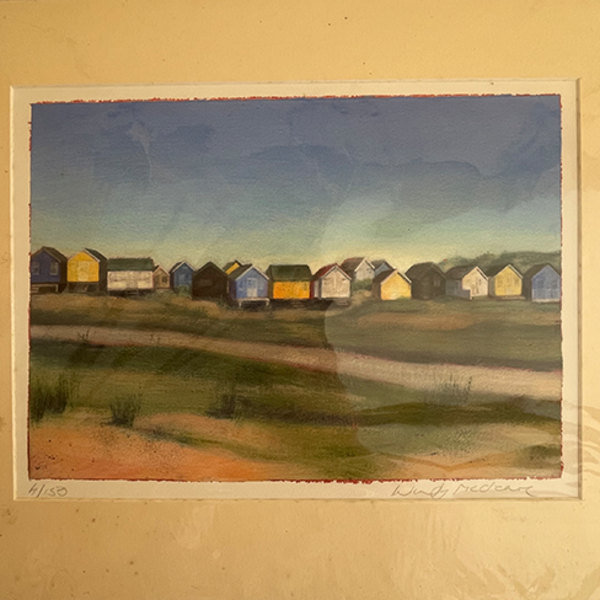 Mounted print of view across Mudeford Sandbank Spit to the beach huts