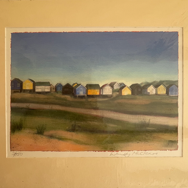 Mounted print of view across Mudeford Sandbank Spit to the beach huts