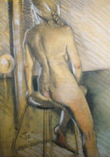 Jo SOLD Charcoal and pastel life study of Jo perching on a stool. SOLD