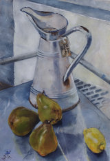 French Jug with Pears and Lemon. SOLD Acrylic study on prepared paper of a white French enamel jug with pears and a lemon on a steel trolley.